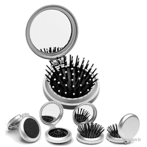 Escova de cabelo personalizada - Escova de cabelo com espelho para bolsa. Redonda com 6 cm de diâmetro.
