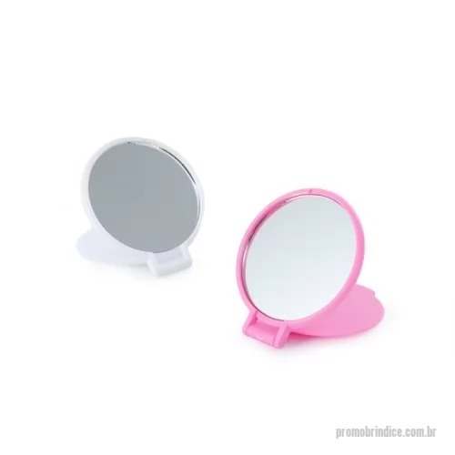 Espelho de bolso personalizado - Espelho de vidro com moldura arredondada em plástico. A tampa protetora, quando inclinada para trás, funciona como apoio para mantê-lo aberto sobre superfícies planas.