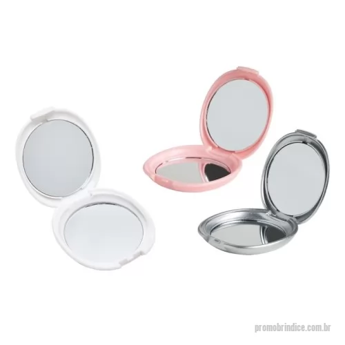 Espelho de bolso personalizado - Espelho duplo compacto de vidro sem aumento, moldura plástica em formato oval com trava de fechamento.
