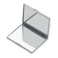 Descrição: Espelho retangular duplo sem aumento, material em plástico resistente com uma faixa na superfície e verso liso.  Altura :  6,7 cm  Largura :  8,3 cm  Medidas aproximadas para gravação (CxL):  3,5 cm x 8,3 cm  Peso aproximado (g):  48