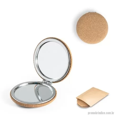Espelho Ecológico personalizado - Espelho de bolsa duplo em cortiça com fecho magnético. Fornecido em bolsa de papel natural. 