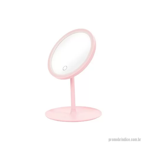 Espelho personalizado - Espelho de mesa com estrutura montável em plástico, movimentação vertical de até 90 graus, iluminação em LED com três níveis de ajuste e entrada USB-C para recarga. Acompanha cabo USB-C.
