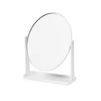  Espelho de mesa giratório com face única sem aumento em formato oval. Possui estrutura em plástico e base com espaço para organizar pequenos objetos.