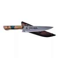 Faca com cabo de madeira e resina com Lâmina 8" em Aço inox 420, recortada a laser. Personalização vazada a laser na lâmina.