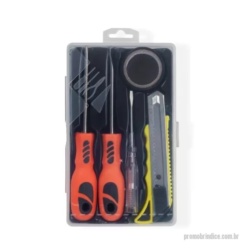 Ferramenta personalizada - Kit ferramentas 5 peças em estojo plástico com trava de segurança.   Contém Uma chave phillips, uma chave de fenda, uma chave teste, um estilete e uma fita isolante.