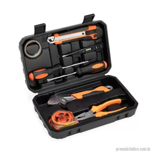 Ferramenta personalizada - Kit ferramenta 8 peças em estojo de polietileno com trava de segurança. Acompanha: chave Philips e chave de fenda com ponteira magnética, trena de 3 metros, chave teste, estilete, alicate, fita isolante e chave inglesa.
