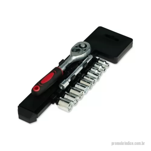 Ferramenta personalizada - Kit ferramenta com 12 peças em estojo plástico. Contém: 1 chave catraca, 1 chave extensora e 10 soquetes. 