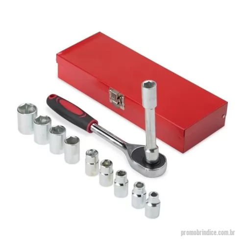 Ferramenta personalizada - Kit ferramenta com 12 peças em estojo metálico. Contém: 1 chave catraca, 1 chave extensora e 10 soquetes