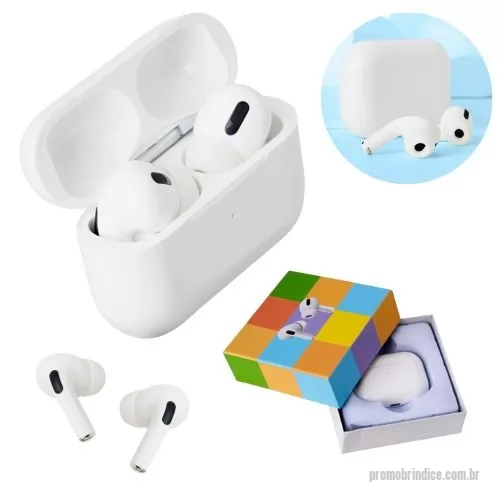 Fone de Ouvido Bluetooth personalizado - Aris Pro - Fone de ouvido Intra-auricular (Earbud) Wireless - Bluetooth 5.0. ABS - Branco, tampa Pop-Up Magnética, informa carga da bateria dos fones e da base no aparelho celular, permite alterar o nome Bluetooth, funções SIRI, atende chamadas do celular, busca de música, conecta Bluetooth automaticamente a partir da 2.a vez em uso,fones com bateria de Cobalto com 45mAh, estojo de recarga com bateria de Cobalto com 450mAh. Duração da Bateria: funcionamento Contínuo - 3 horas, em descanso 240 horas. Tempo para recarga: 40min para os Fones e 60min para o estojo. Gravação Silkscreen e Digital. Tamanho 5x4x1,5 cm. 