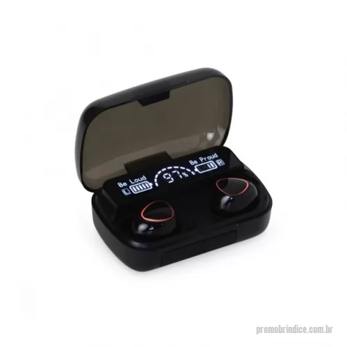 Fone de Ouvido Bluetooth personalizado - Fone de ouvido bluetooth com comandos touch e case carregador. Com display de bateria e fechamento magnético, o case pode ser utilizado também como um power bank de baixa capacidade para emergências . Material plástico. Acompanham 2 pares de eartips em diferentes tamanhos e cabo USB.