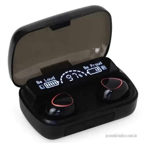 Fone de Ouvido Bluetooth personalizado - Fone de ouvido bluetooth com comandos touch e case carregador. Com display de bateria e fechamento magnético, o case pode ser utilizado também como um power bank de baixa capacidade para emergências . Material plástico. Acompanham 2 pares de eartips em diferentes tamanhos e cabo USB.