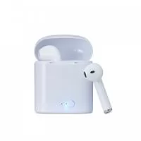  Fone bluetooth plástico com case carregador. Para utilização do produto, pressione e segure o botão lateral de ambos fones ao mesmo tempo, luzes led em vermelho e azul ficarão piscando alternadamente até a junção das duas partes (quando conectadas apenas um lado dos fones permanecerá aceso), após realizado o processo conecte o fone através do bluetooth e o led se apagará, indicando a conexão ao dispositivo. Quando emparelhado, pressione uma vez o botão do fone para iniciar ou pausar uma música, ao segurar o botão irá avancar a faixa; no modo ligação pressione uma vez o botão para atender a chamada ou segure o botão do fone para recusá-la. Para o carregamento do produto é necessário recarregar inicialmente o case e após este processo basta conectar os fones no estojo e pressionar o botão power para o carregamento dos mesmos. Fones com microfone embutido. Enquanto o case é carregado o led vermelho ficará piscando, ao concluir a carga o led permanecerá aceso; no carregamento dos fones le