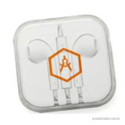 Fone de ouvido personalizado - Fone de ouvido intra auricular estéreo com fio, material plástico, entrada P2, tamanho aproximado 102cm x 1,7cm, cor branco, com embalagem plástica branca com tampa acrílica transparente, personalização em UV colorido.
