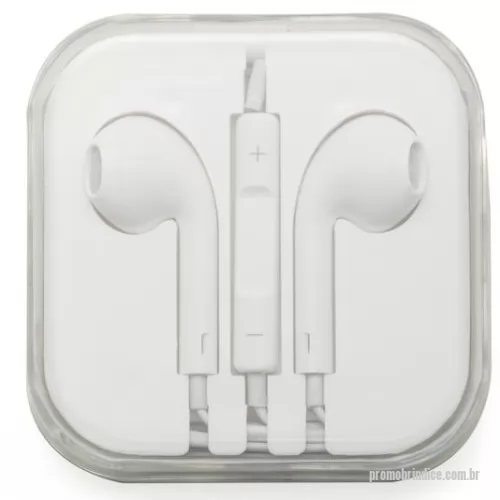 Fone de ouvido personalizado -  Fone de ouvido estéreo com microfone e controle de volume. Fone de ouvido plástico na cor branca, entrada P2, possui indicativo L(left) e R(right) na área interna do fone, detalhes internos vazados no fone(possibilita a visão da tela de proteção), microfone acoplado no suporte com desenho indicativo e no verso do suporte controle de volume com desenho indicativo – e +. Acompanha embalagem plástica branca com tampa acrílica transparente. OBS.: Botões de volumes funcionam apenas em aparelhos da linha APPLE.