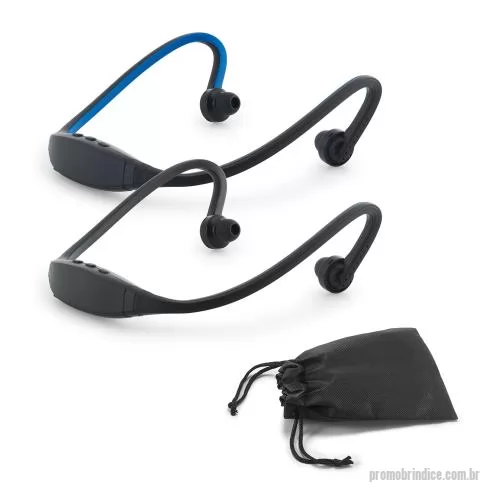 Fone de ouvido personalizado - Fone de ouvido desportivo em ABS e silicone com transmissão sem fios BT v4.0. Autonomia aproximada de 3 h. Função para atender chamadas e conexão à playlist do dispositivo móvel. Incluso cabo micro USB para carregar. Fornecido com bolsa em non-woven.