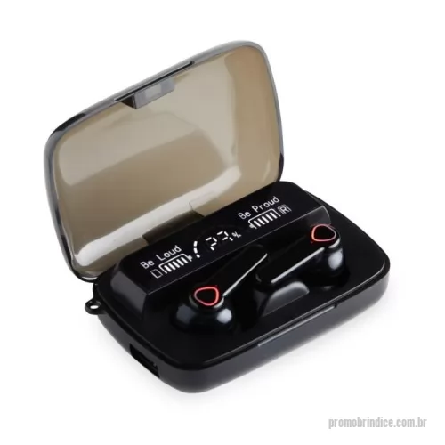 Fone de ouvido personalizado - Fone de ouvido bluetooth com comandos touch e case carregador. Com lanterna e display de bateria, o case pode ser utilizado também como um power bank de baixa capacidade para emergências. Material plástico. Acompanham 2 pares de eartips em diferentes tamanhos, lanterna, alça e cabo USB.
