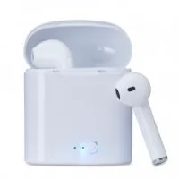 Fone bluetooth plástico com case carregador. Para utilização do produto, pressione e segure o botão lateral de ambos fones ao mesmo tempo, luzes led em vermelho e azul ficarão piscando alternadamente até a junção das duas partes (quando conectadas apenas um lado dos fones permanecerá aceso), após realizado o processo conecte o fone através do bluetooth e o led se apagará, indicando a conexão ao dispositivo. Quando emparelhado, pressione uma vez o botão do fone para iniciar ou pausar uma música, ao segurar o botão irá avancar a faixa; no modo ligação pressione uma vez o botão para atender a chamada ou segure o botão do fone para recusá-la. Para o carregamento do produto é necessário recarregar inicialmente o case e após este processo basta conectar os fones no estojo e pressionar o botão power para o carregamento dos mesmos. Fones com microfone embutido; Frequência 2.4 -2.485GHz e alcance 10 de metros. Enquanto o case é carregado o led vermelho ficará piscando, ao concluir a carga o led
