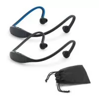 Fone de ouvido desportivo em ABS e silicone com transmissão sem fios BT v4.0. Autonomia aproximada de 3 h. Função para atender chamadas e conexão à playlist do dispositivo móvel. Incluso cabo micro USB para carregar. Fornecido com bolsa em non-woven.