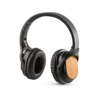 Fones de ouvido sem fio personalizado, em bambu e ABS, com Bluetooth v5.0, entrada AUX e leitor de cartões TF. Bateria com capacidade de até 400 mAh, oferecendo aproximadamente 5 horas de autonomia. Embalagem presente em caixa de papel kraft.