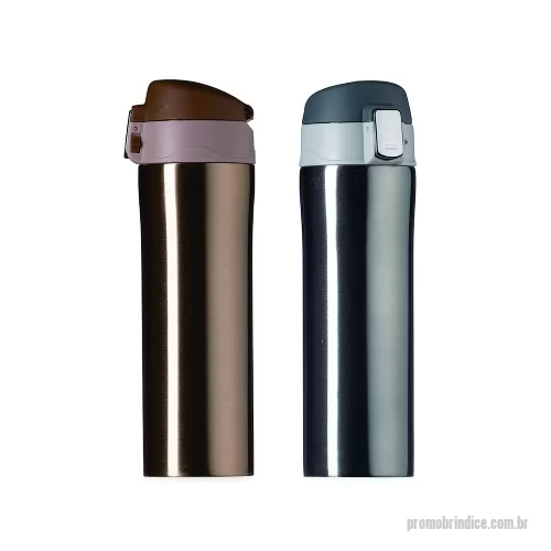 Garrafa de metal personalizada - Garrafa térmica 450ml colorida com sistema de trava. Material metálico com revestimento interno em inox, parte inferior com borracha anti deslizante; possui tampa plástica fosca com borracha interna para vedação evitando o vazamento de líquido e prezando sua temperatura; possui botão central para abertura e trava lateral(basta seguir a orientação dos desenhos de cadeados simulando o travamento/destravamento da tampa).