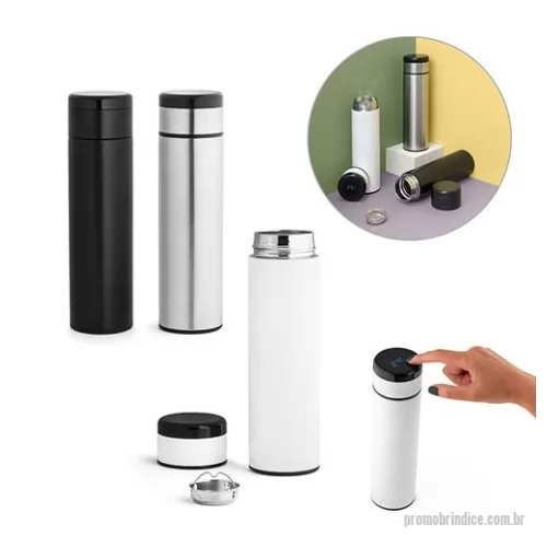 Garrafa de metal personalizada - Garrafa em aço inox com parede dupla isolada a vácuo e tampa com termómetro digital (térmico). Inclui infusor para chá. Mantém as bebidas quentes por 8 h e frias por 24 h e tem capacidade até 470 mL. 