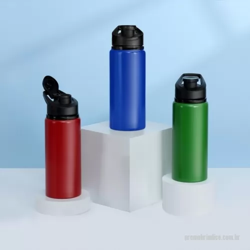 Garrafa de metal personalizada - Garrafa de alumínio com capacidade de até 600ml em cores. Tampa rosqueável, bico com tampa vedada de acesso rápido, e alça para transporte.