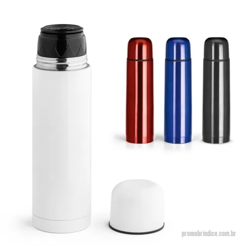 Garrafa de metal personalizada - Garrafa térmica em aço inox com parede dupla isolada a vácuo. Capacidade até 500 mL.  Preserva as bebidas quentes por 12h e frias por 24h. Fornecida em caixa branca. ø70 x 245 mm