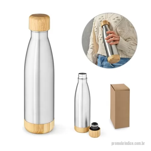 Garrafa de metal personalizada - Garrafa em aço inox (90% reciclado) de parede dupla térmica, isolada a vácuo. Com tampa e base em bambu.  Capacidade até 550 mL.  Fornecido em caixa presente kraft.   A cor e o resultado da impressão nos materiais naturais pode variar entre produtos.