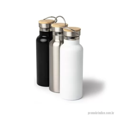 Garrafa de metal personalizada - Garrafa de inox com capacidade de 500ml, tampa em inox com detalhe em bambu e alça de transporte.