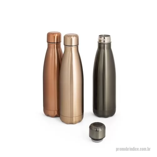 Garrafa de metal personalizada - Garrafa em aço inox de parede dupla térmica, isolada a vácuo. Garrafa com acabamento metalizado e tampa em aço inox. Todas as componentes da garrafa - tampa, corpo e base - na mesma cor. Capacidade até 510 mL. Fornecido em caixa presente de papel kra
