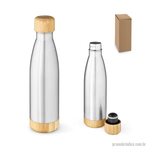 Garrafa de metal personalizada - Garrafa em aço inox (90% reciclado) de parede dupla térmica, isolada a vácuo. Com tampa e base em bambu. Capacidade até 800 mL. Fornecido em caixa presente de papel kraft. Certificação EU Food Grade. A cor e o resultado da impressão nos materiais naturais pode variar entre produtos. ø80 x 312 mm