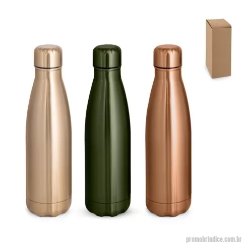 Garrafa de metal personalizada - Garrafa em aço inox de parede dupla térmica, isolada a vácuo. Garrafa com acabamento metalizado e tampa em aço inox. Todas as componentes da garrafa - tampa, corpo e base - na mesma cor. Capacidade até 510 mL. Fornecido em caixa presente de papel kraft. Certificação EU Food Grade. ø70 x 255 mm
