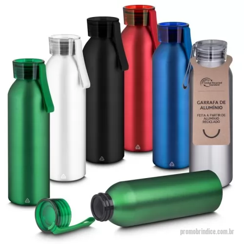 Garrafa de metal personalizada - Garrafa em alumínio reciclável com capacidade 600ml. Tampa rosqueável em plástico e alça de transporte emborrachada.