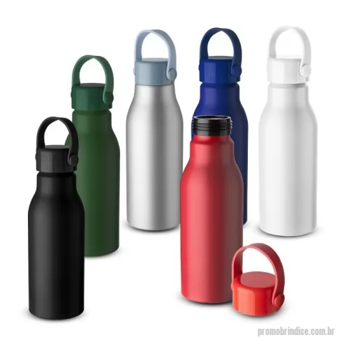 Garrafa de metal personalizada - Garrafa em alumínio com capacidade de 650ml. Tampa rosqueável em plástico com alça em silicone na cor do produto. Pintura fosca.