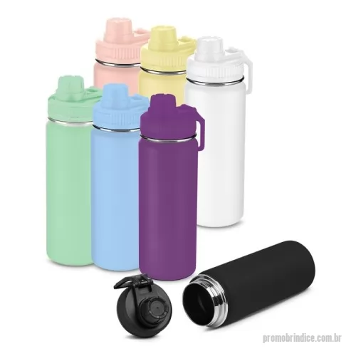 Garrafa de metal personalizada - Garrafa em aço inox com capacidade de até 780 ml. Tampa rosqueável com anel de silicone, alça plástica em formato de mosquetão e bico rosqueável para fácil acesso. Design com frisos na tampa e pintura pó.