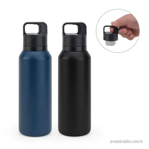 Garrafa de metal personalizada - Garrafa em aço inox 91% reciclado com parede dupla isolada a vácuo e parede interna revestida a cobre, características que permitem conservar a temperatura das suas bebidas por um longo período. A tampa em PP é à prova de vazamentos e incorpora um bo