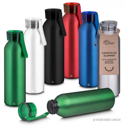 Garrafa de metal personalizada - Garrafa em alumínio reciclado acabamento mate com capacidade 600ml. Tampa rosqueável em plástico e alça de transporte emborrachada.