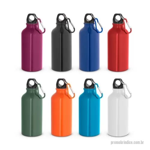 Garrafa de metal personalizada - Squeeze esportiva em alumínio com acabamento brilhante, com mosquetão para facilitar o transporte. Capacidade até 400 mL. Caixa branca 94656 vendida opcionalmente. ø66 x 176 mm