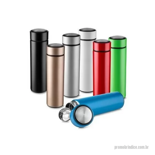 Garrafa de metal personalizada - Garrafa inox 450ml com parede dupla e infusor. Conserva temperatura quente ou fria. Altura : 23,1 cm Largura : 6,5 cm Circunferência : 20,5 cm Peso aproximado g : 250
