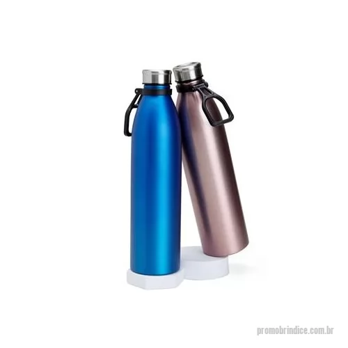 Garrafa de metal personalizada - Garrafa de inox com acabamento metalizado, capacidade de 1,1 litros. Tampa rosqueável e alça plástica para transporte. Altura : 30,5 cm Largura : 7,8 cm Circunferência : 24,4 cm Peso aproximado g : 214