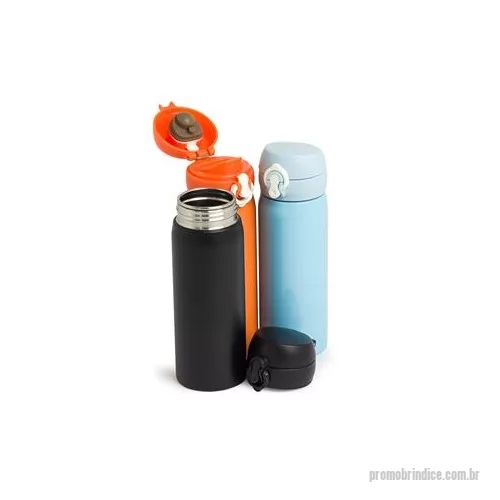Garrafa de metal personalizada - Garrafa 500 ml em inox com botão e válvula para abertura. Possui um sistema de trava basta mover para cima/baixo para abrir/fechar pressione o botão central para abrir a tampa. Altura : 19,8 cm Largura : 6,4 cm Circunferência : 20,3 cm Peso aproximad