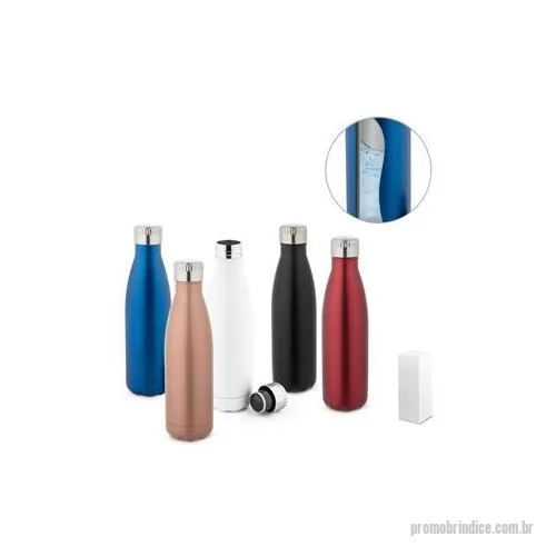 Garrafa de metal personalizada - Squeeze em aço inox com parede dupla isolada a vácuo, capacidade até 510 ml e tampa à prova de fugas.