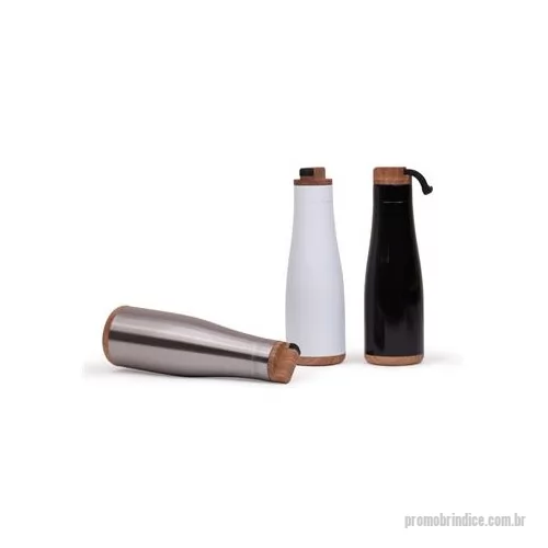 Garrafa de metal personalizada - Garrafa em aço inox capacidade 750 ml. Tampa rosqueável anel vedador de silicone, alça retrátil em borracha embutida na tampa. Textura imitando madeira.
