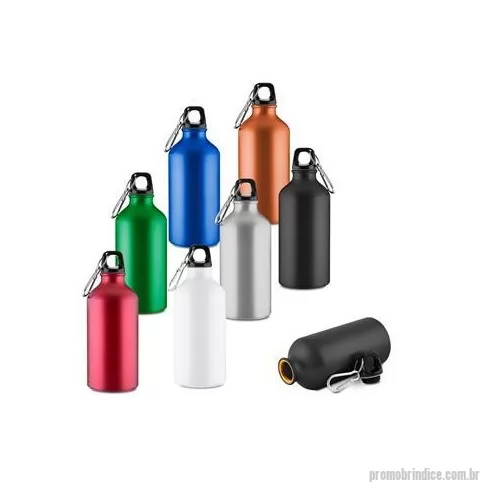 Garrafa de metal personalizada - Garrafa em alumínio com capacidade para até 550 ml. Conta com tampa rosqueável em plástico e mosquetão metálico acoplado à tampa para transporte. Altura : 19,1 cm Largura : 7,3 cm Circunferência : 23 cm Peso aproximado g : 76