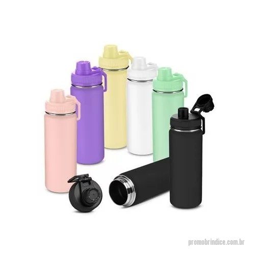 Garrafa de metal personalizada - Garrafa térmica em aço inox com parede dupla com capacidade de até 570 ml. Tampa rosqueável, mosquetão em plástico e anel de silicone para vedação. Design com frisos na tampa e pintura pó. Dimensão Produto: 23xø7,3cm Peso do Produto: 0,309kg