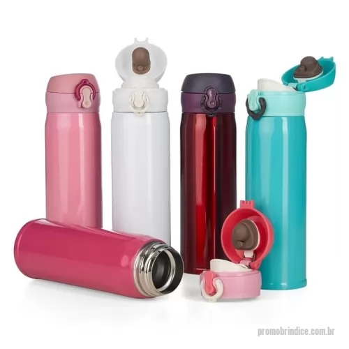 Garrafa de metal personalizada - 	Garrafa térmica de 400ml de inox colorida com botão e válvula para abertura. Possui um sistema de trava (basta mover para cima/baixo para abrir/fechar), pressione o botão central para abrir a tampa(possui na parte interna borracha protetora evitando vazar o líquido). Para abrir a tampa por completo basta rosqueá-la, parte interna revestida em inox.