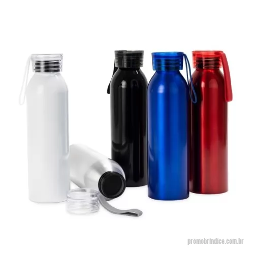 Garrafa de metal personalizada - Garrafa em alumínio com capacidade máxima de 650ml. Possui pintura spray e revestimento em plástico polipropileno (PP) no bocal. Conta com tampa em plástico poliestireno (PS) com anel de vedação interno e alça de mão feitos em silicone.  Altura :  22,8 cm  Largura :  6,9 cm  Circunferência :  20,6 cm