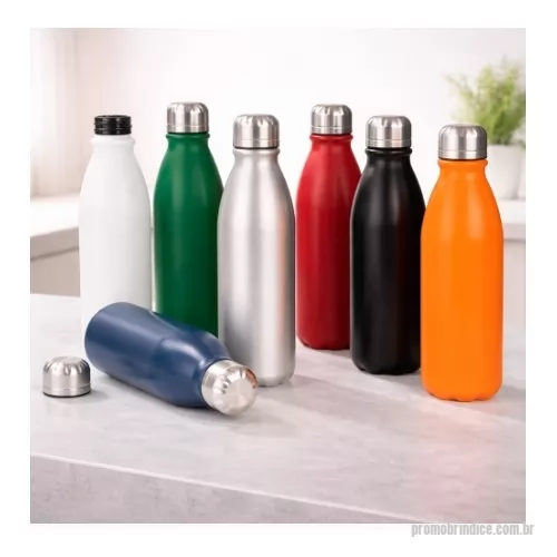 Garrafa de metal personalizada - Garrafa em alumínio com capacidade máxima de 750ml. Possui acabamento em verniz fosco, revestimento plástico no bocal e tampa rosqueável em alumínio com interior em plástico.  Altura :  25,1 cm  Largura :  7,2 cm  Circunferência :  22,8 cm