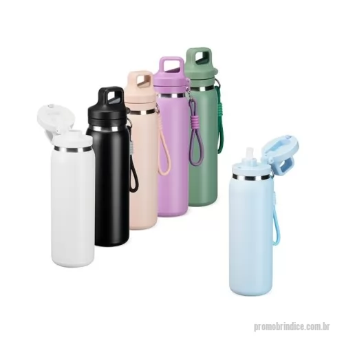 Garrafa de metal personalizada - Garrafa térmica com capacidade máxima de 600ml. Possui estrutura de parede dupla com interior em inox 304, exterior em inox 201 e pintura eletrostática. Conta com tampa rosqueável em plástico polipropileno (PP), anel de vedação em silicone, alça fixa com botão de acionamento para a abertura do bico retrátil. Acompanha canudo de silicone para encaixe interno e mosquetão em liga de zinco com alça em poliéster.
