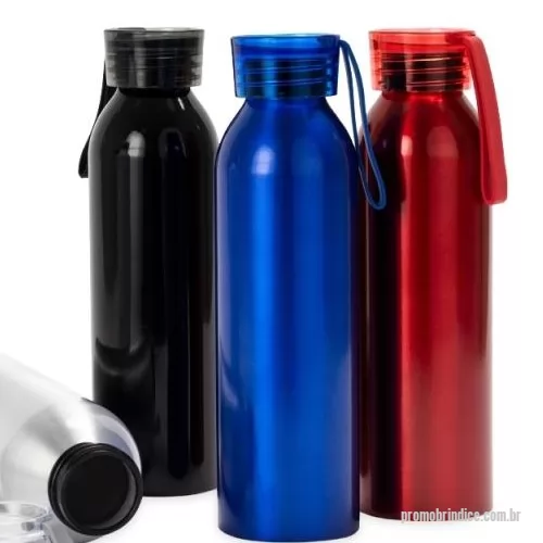 Garrafa de metal personalizada - Garrafa em alumínio com capacidade máxima de 650ml. Possui pintura spray e revestimento em plástico polipropileno (PP) no bocal. Conta com tampa em plástico poliestireno (PS) com anel de vedação interno e alça de mão feitos em silicone.